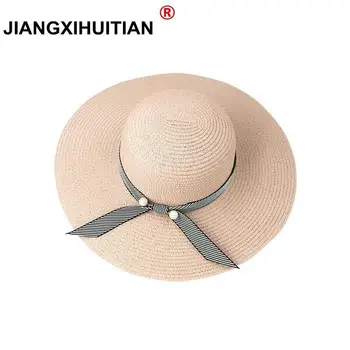 vasaras Pērles salmu cepure, sievietes, liela mēroga malām pludmales cepure, saules cepure salokāms saules apdegumiem, UV aizsardzība panamas cepuri kaulu chapeu feminino