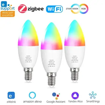 Smart Spuldzes WiFi/Zigbee E14 Aptumšojami Svece Lampiņa RGB+CW+WW 5W EWelink APP Balss Vadība Darbojas Ar Alexa, Google Home Alise